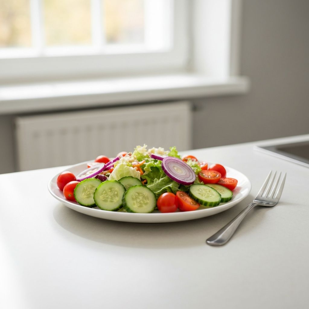 Fresh colorful salad on circular plate with natural lighting
