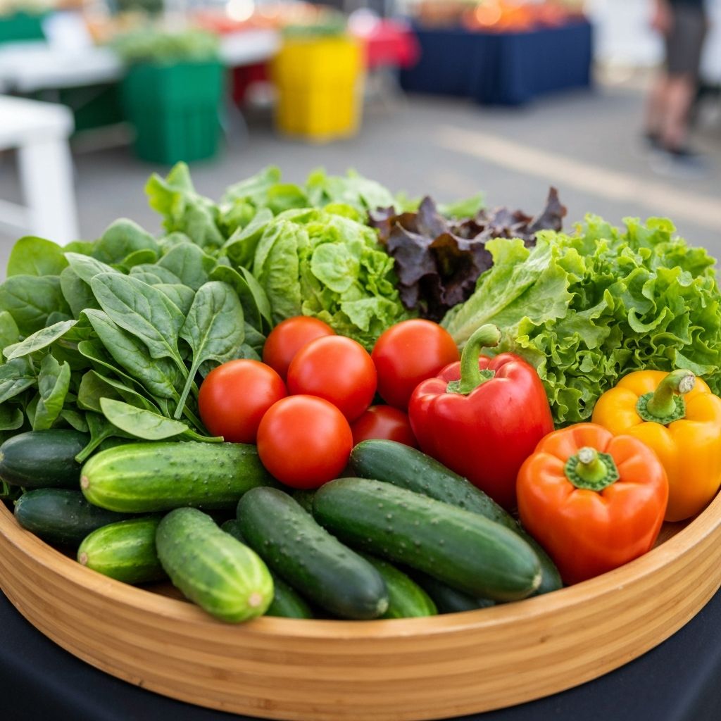 Variety of fresh plant-based foods on round wooden tray
